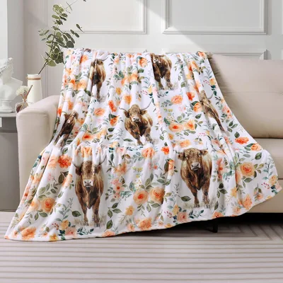 Highland Cow in Watercolor Blanket: Rustic Floral Farmhouse Design