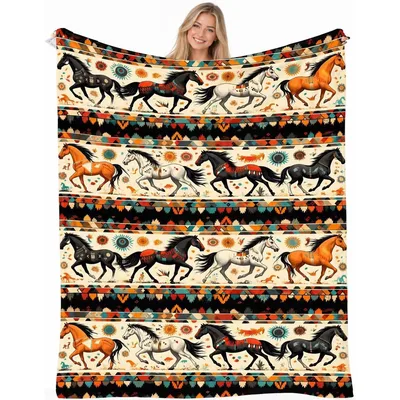Running Horses Southwest Pattern Blanket: Wild West Equestrian Art