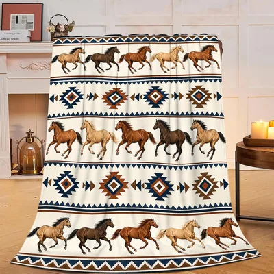 Galloping Horses Southwestern Pattern Blanket for Equestrian Lovers