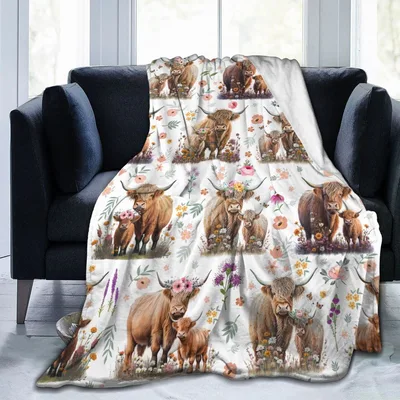 Highland Cow Floral Pattern Blanket: Shaggy Cows with Wildflowers