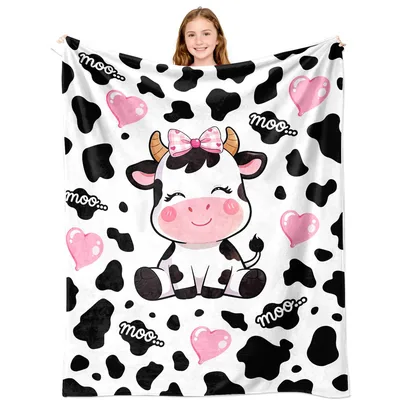 Cute Cow Blanket with Pink Bow and Moo Speech Bubbles