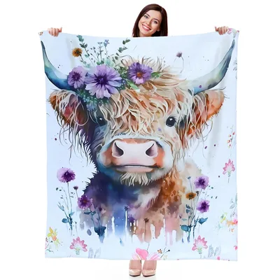 Highland Cow Watercolor Blanket: Shaggy Herd Bull with Floral Crown