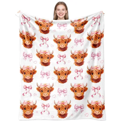 Highland Cow Pink Bow Blanket: Cute Shaggy Cow with Plaid Ribbon