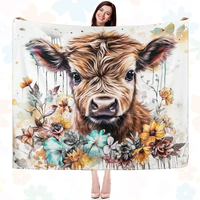 Watercolor Highland Calf Blanket: Fluffy Cow Art with Flowers