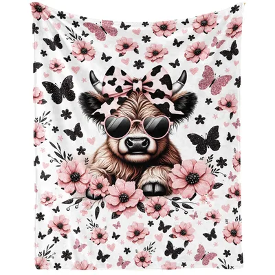 Highland Cow Flowers Blanket: Cool Calf with Pink Bow and Sunglasses