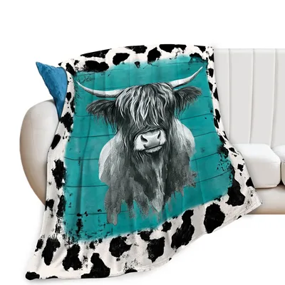 Highland Cow Western Blanket: Shaggy Bull on Teal Wood