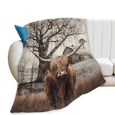 Highland Cow Farm Scene Blanket: Shaggy Herd Animal on Rustic Barn