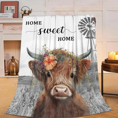 Highland Cow Home Sweet Home Windmill Blanket: Rustic Farmhouse Art
