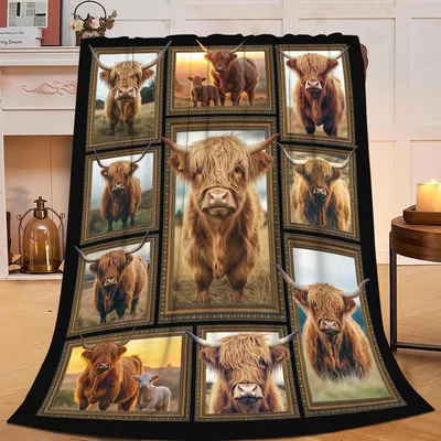 Highland Cow Farm Animals Blanket: Shaggy Cattle Portrait Gallery
