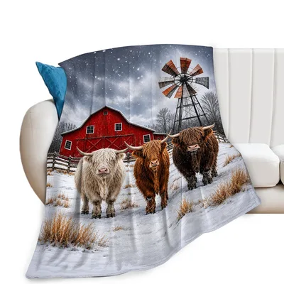 Highland Cow Farm Winter Blanket: Shaggy Cattle in Snowy Landscape