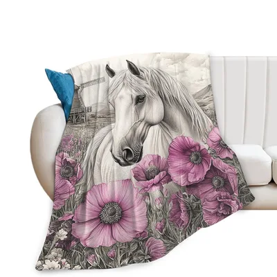 Horse Pink Poppies Blanket: Equestrian Art with Floral Details