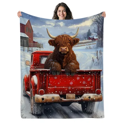 Highland Cow Winter Farmhouse Blanket: Red Truck Snow Scene