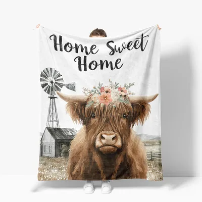Highland Cow Farmhouse Windmill Blanket: Rustic Floral Design