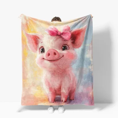 Cute Pig Animal Blanket: Smiling Piglet with Pink Bow