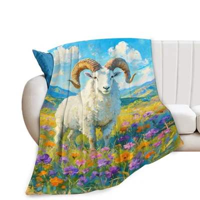 Ram Wildflowers Painting Blanket: A Majestic Ram in a Colorful Field