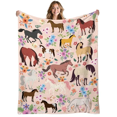 Horses Among Pink Flowers Blanket: A Floral Equestrian Design