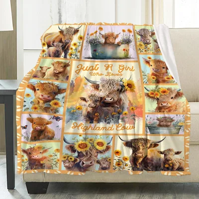 Sunflower Highland Cows Golden Blanket for Lovers of Fluffy Cattle
