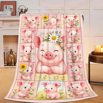 Cute Pigs with Daisies Blanket: Smiling Piglet Floral Collage