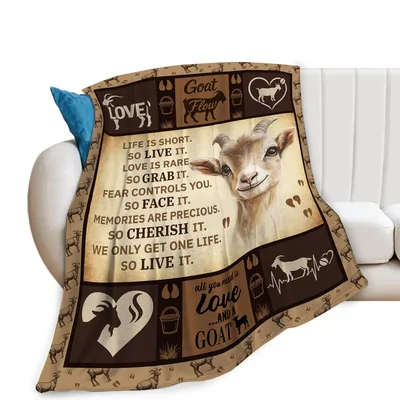 Goat Life Is Short Blanket features a rustic goat portrait