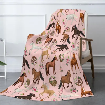 Horse Pattern Pink Blanket: Equestrian Art with Horses and Flowers