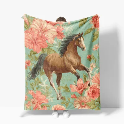 Horse Floral Design Blanket: A Galloping Horse Amidst Pink Blooms