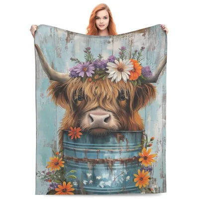 Rustic Turquoise Highland Cow Blanket: Floral Farmhouse Design
