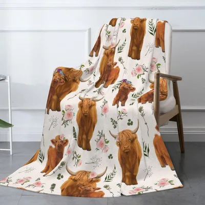 Highland Cow Pattern Blanket: Fluffy Cows with Floral Accents