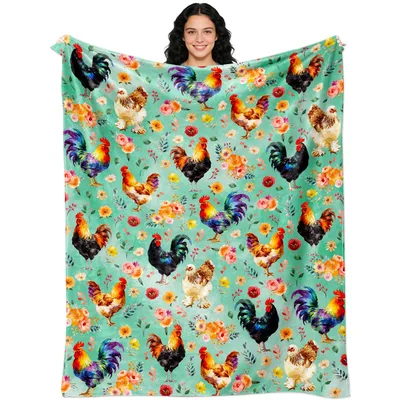 Chicken Rooster Floral Blanket: Vibrant Farmyard Pattern