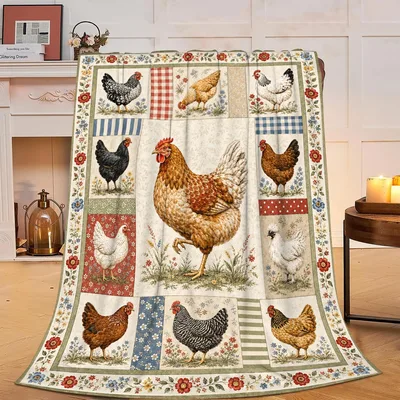 Chicken Hen Blanket: Quilt-Style Flock of Farmyard Birds