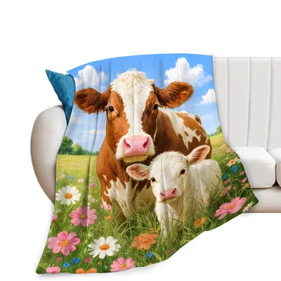 Cow Calf Wildflowers Blanket featuring a realistic painting of a brown