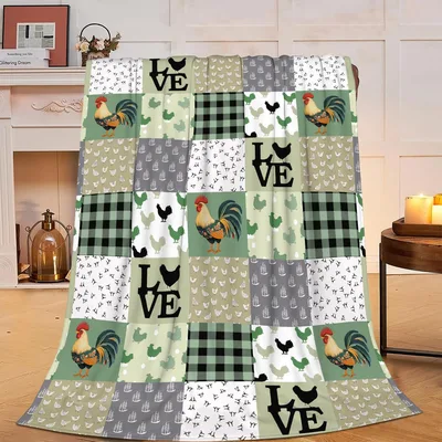 Rooster Chicken Patchwork Blanket Farmhouse Flock Design