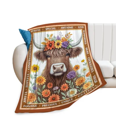 Highland Cow Flower Crown Blanket features a fluffy bovine