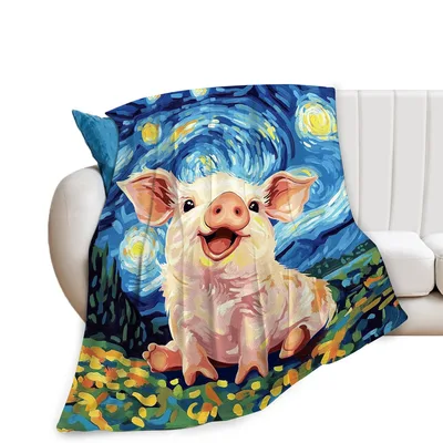 Pig Starry Night Art Blanket: Whimsical Pig in Van Gogh Style