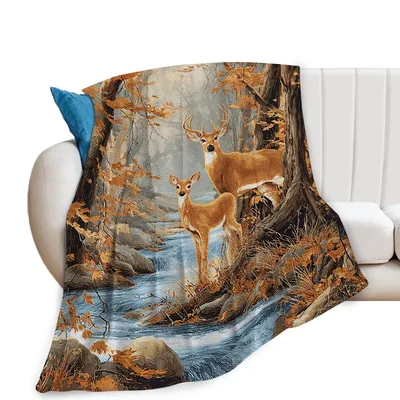 Deer Autumn Forest Blanket: A Buck and Fawn by a Stream