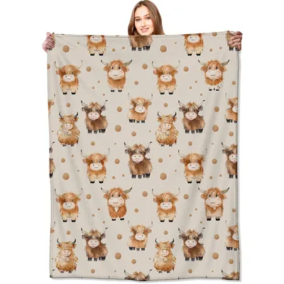 Cute Highland Cows Pattern Blanket: Fluffy Farm Animal Throw