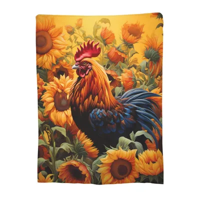 Rooster Sunflowers Blanket: A Vibrant Rooster Amidst Golden Sunflowers
