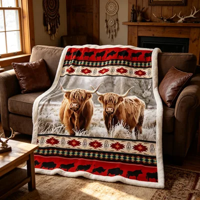 Highland Cows in Frosty Blanket: Western Art with Shaggy Herd