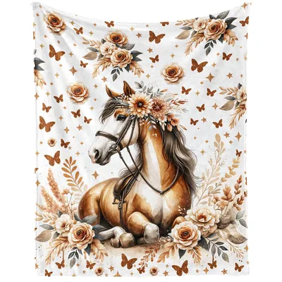 Horse Flowers Butterflies Blanket: Floral Equestrian Art Design