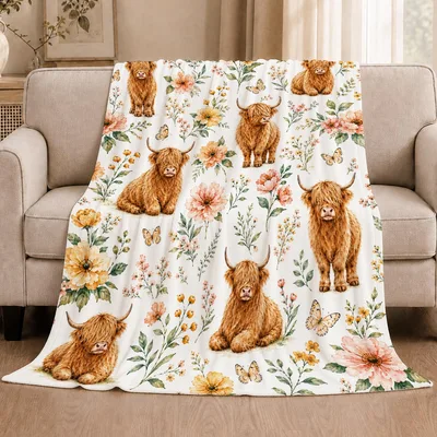 Highland Cows and Butterflies Blanket featuring fluffy brown cattle