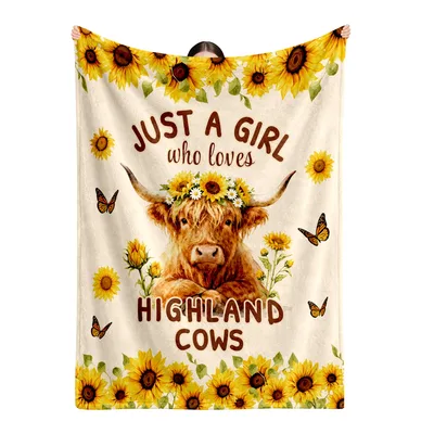 Highland Cow Sunflower Crown Blanket featuring a floral-crowned cow