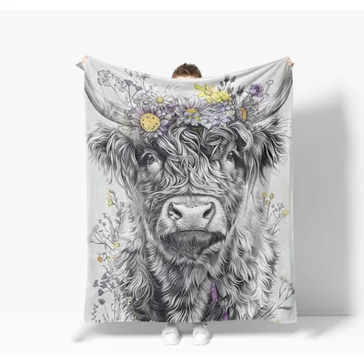 Monochrome Highland Cow Blanket: Shaggy Fur and Floral Crown Design