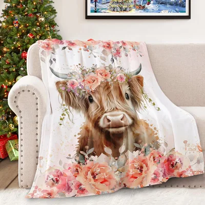 Blushing Highland Calf Blanket: Floral Cow Art for Farm Lovers