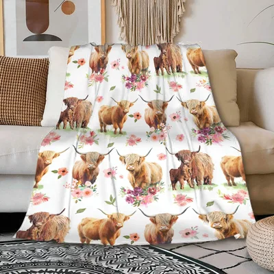 Highland Cows in Flowers Blanket: Shaggy Herd with Pink Floral Accents