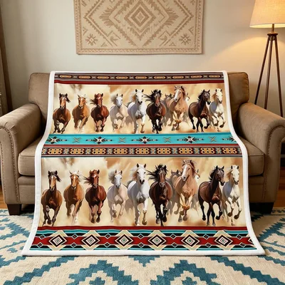 Running Horses Western Blanket: Galloping Herd with Southwest Patterns
