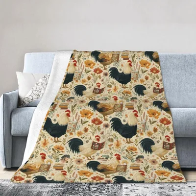Rooster Farm Pattern Blanket: Vintage Roosters and Floral Home Decor