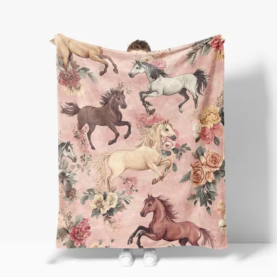 Horses Floral Vintage Blanket: Equestrian Art with Roses