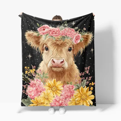 Highland Calf Crown Blanket: Fluffy Cow with Floral Crown Design