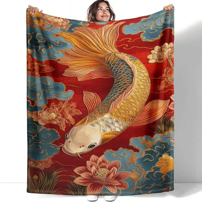 Koi Fish Blanket: Golden Koi and Lotus Art Design