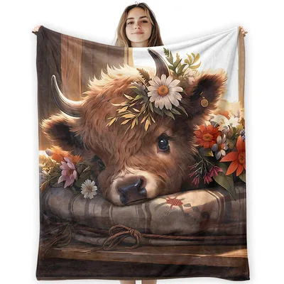 Sleepy Highland Calf Blanket: Fluffy Cow with Floral Crown Art