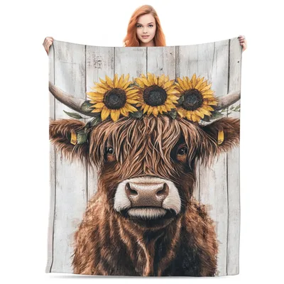 Sunflower Highland Cow on Weathered Wood Blanket